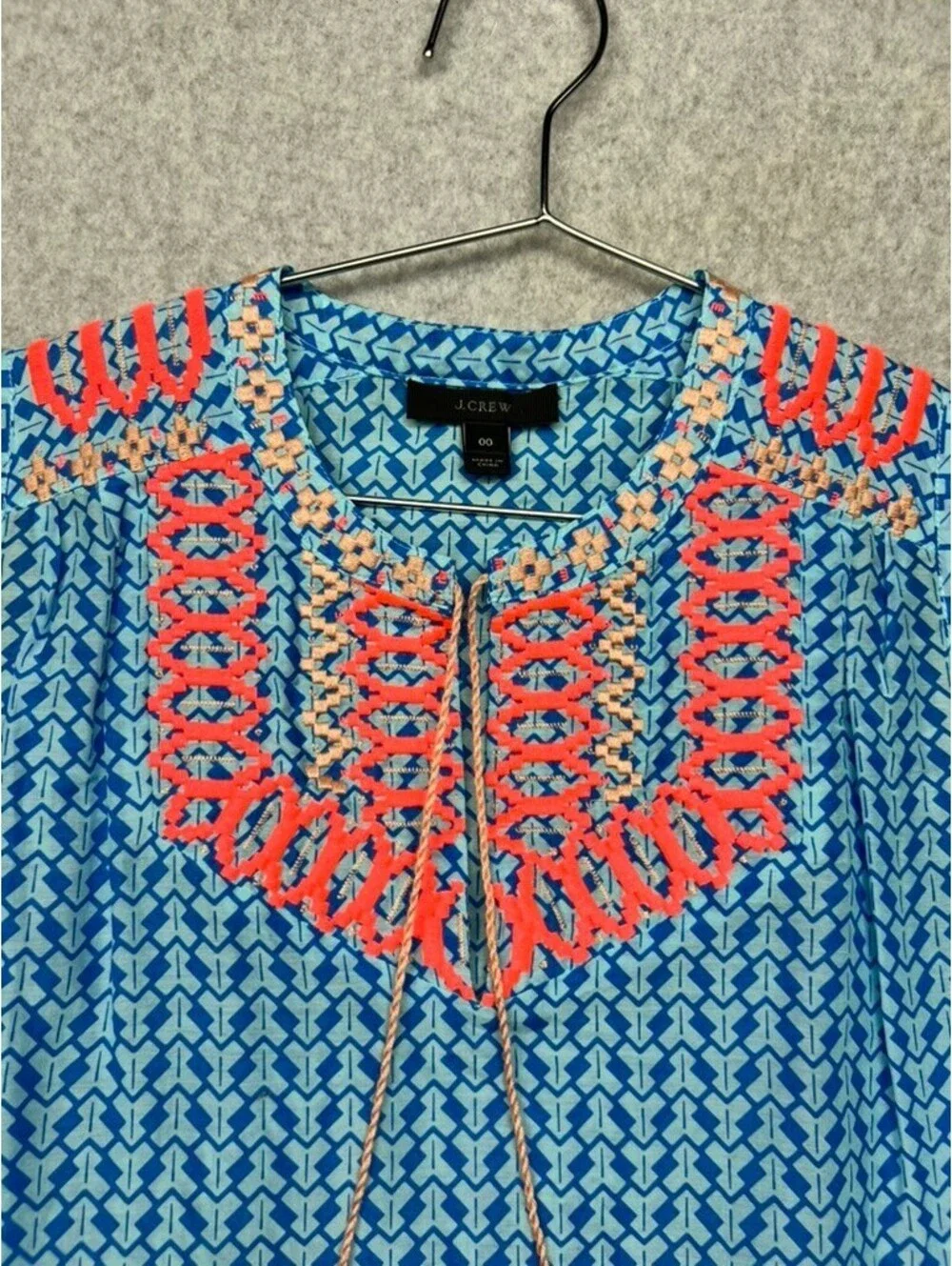 J.Crew Womens Neon Embroidered Tassel Tank Top 00 Blue Geometric Boho Blouse